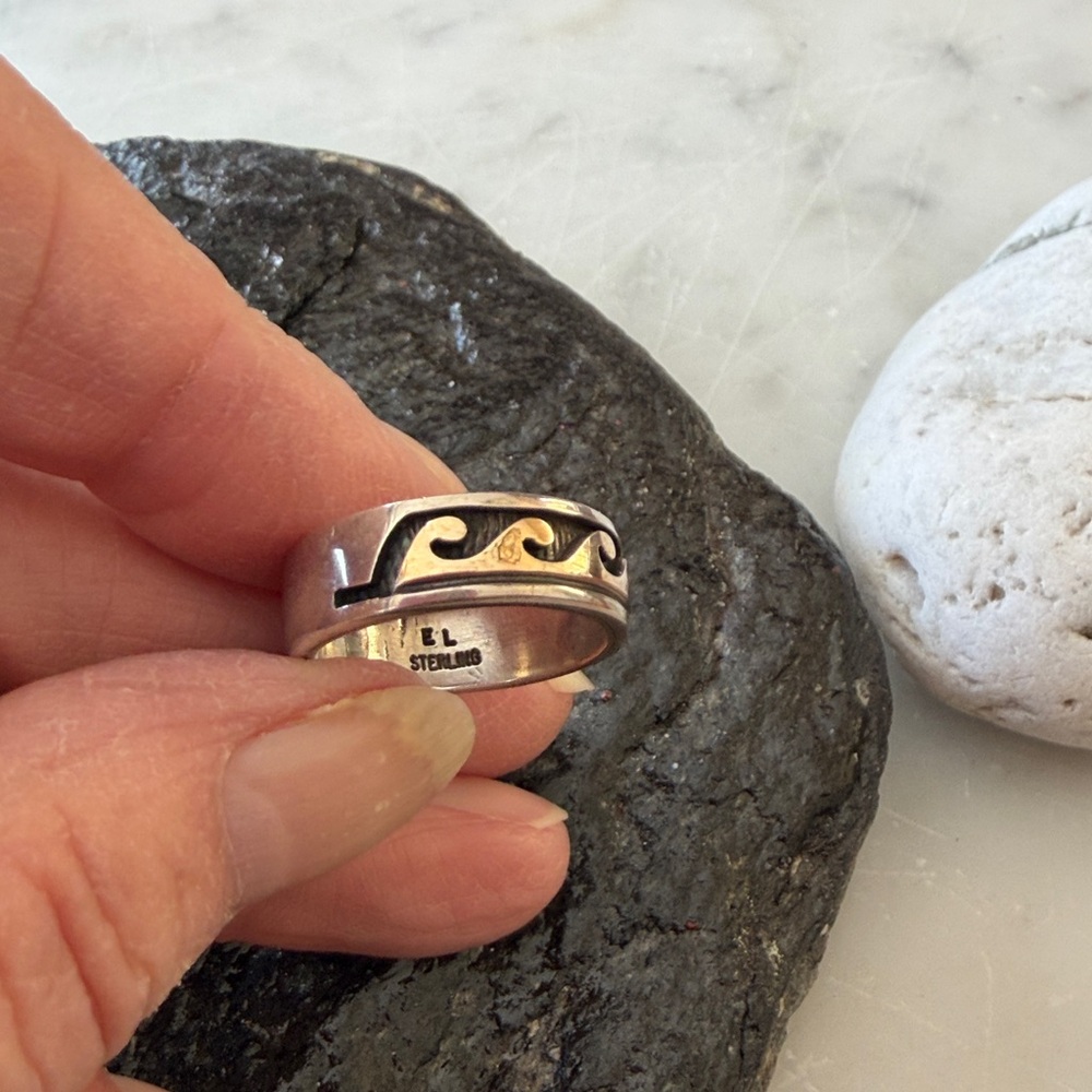 Navajo Native American Vintage Wave Ring Sterling and 14K Band - Picture 3 of 10